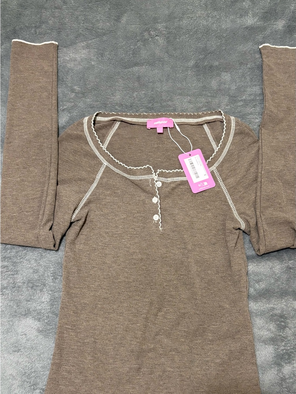 Edikted Brown Long Sleeve Henley Top with White Contrast Trim